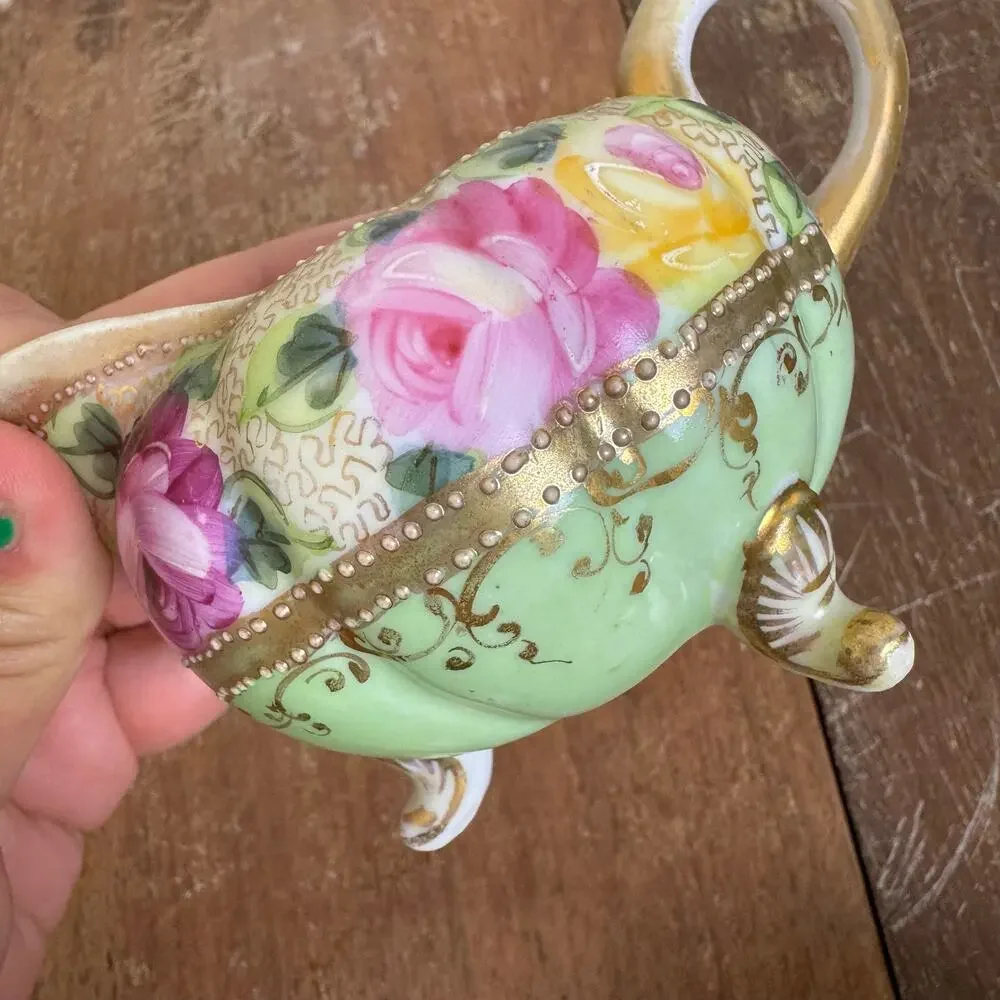 Vintage Antique Japanese Nippon Porcelain‎ Cream & Sugar Tea Set Floral Gilt